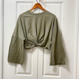 OAK + FORT Flared Wrap Knot Crop Top Green - O/S